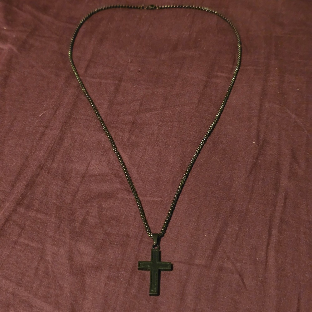Necklace 24in Cross Pendant Mens Gunmetal Black Goth Box Chain Metal